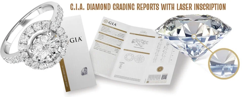 A GIA diamond grading reports with laser inscription banner